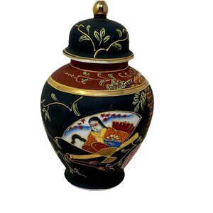 Aito Japanese Hand Painted Vase Ginger Jar Black Geisha Fan Samurai 18k Gold 8"